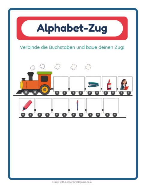 Vorschau: Buchstabenzug-Arbeitsblatt mit Klassenzimmer für Vorschule