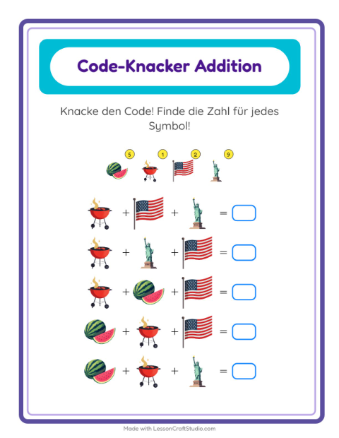 Vorschau: Code-Addition-Arbeitsblatt mit 4. Juli für Kindergarten