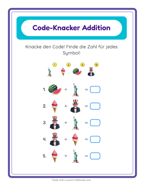 Vorschau: Code-Addition-Arbeitsblatt mit 4. Juli für Kindergarten