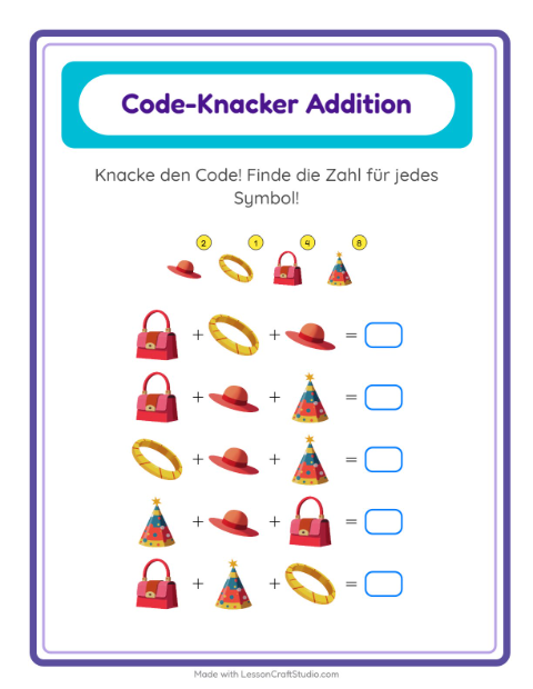Vorschau: Code-Addition-Arbeitsblatt mit Accessoires für Kindergarten