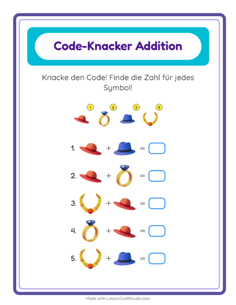 Vorschau: Code-Addition-Arbeitsblatt mit Accessoires für Kindergarten