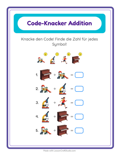 Vorschau: Code-Addition-Arbeitsblatt mit Aktivitäten für Kindergarten