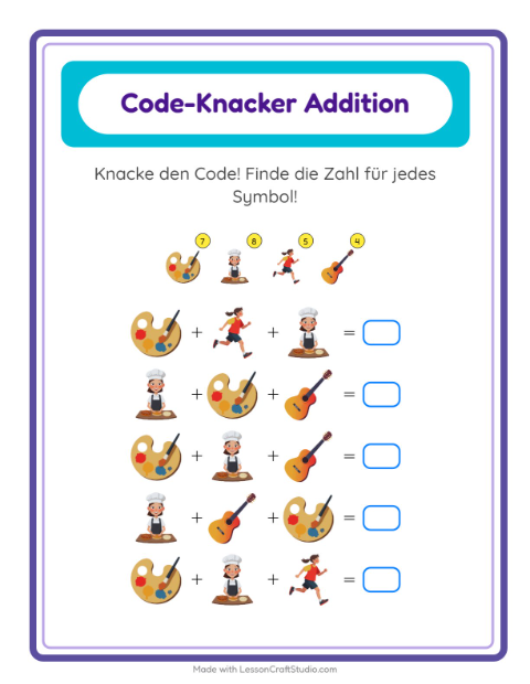 Vorschau: Code-Addition-Arbeitsblatt mit Aktivitäten für Kindergarten