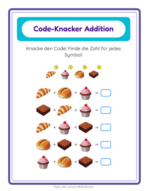 Vorschau: Code-Addition-Arbeitsblatt mit Bäckerei für Kindergarten