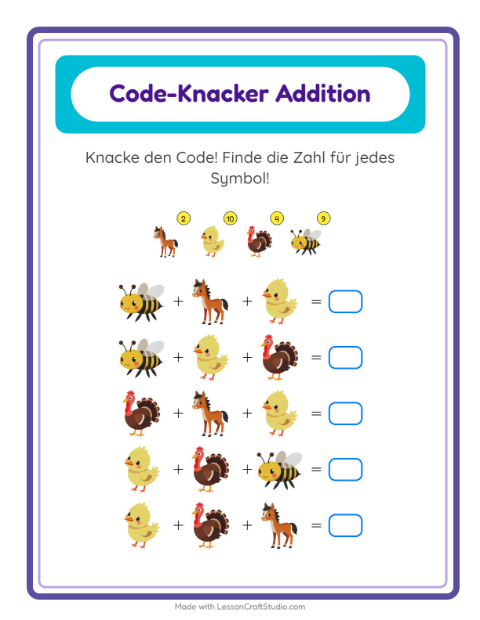Vorschau: Code-Addition-Arbeitsblatt mit Bauernhoftiere für Kindergarten