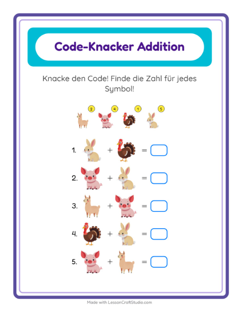 Vorschau: Code-Addition-Arbeitsblatt mit Bauernhoftiere für Kindergarten