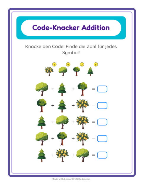 Vorschau: Code-Addition-Arbeitsblatt mit Bäume für Kindergarten