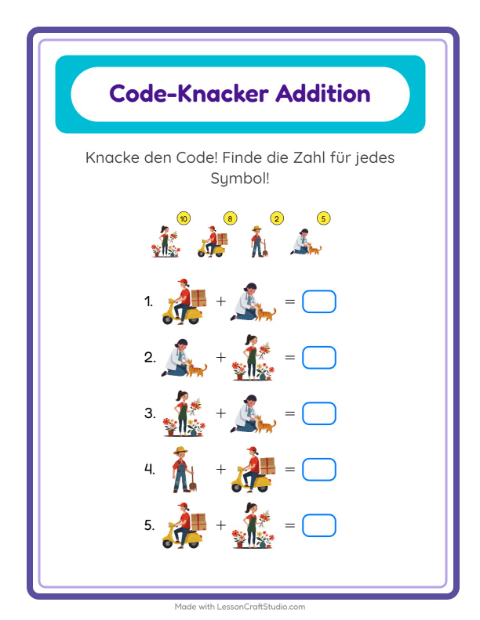 Vorschau: Code-Addition-Arbeitsblatt mit Berufe für Kindergarten