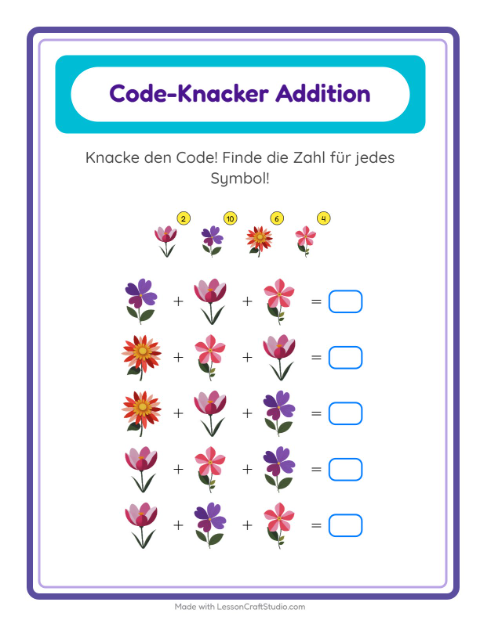 Vorschau: Code-Addition-Arbeitsblatt mit Blumen für Kindergarten