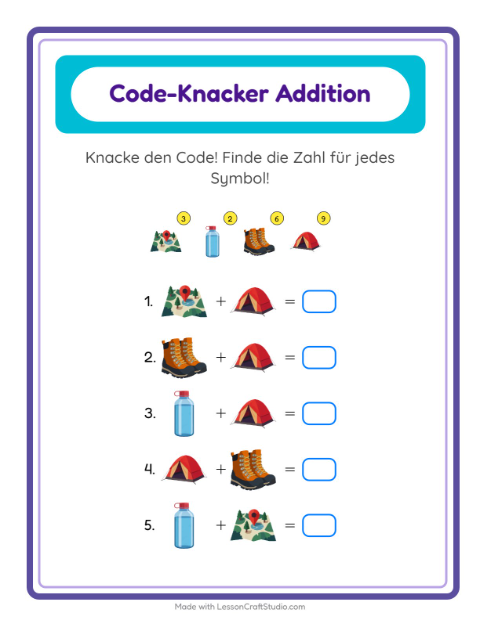 Vorschau: Code-Addition-Arbeitsblatt mit Camping für Kindergarten