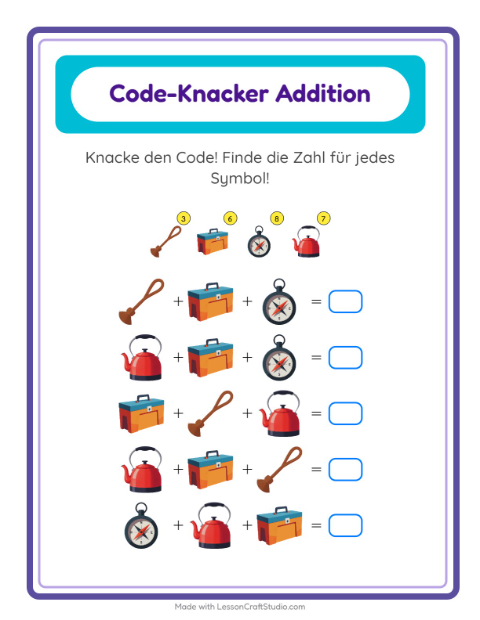 Vorschau: Code-Addition-Arbeitsblatt mit Camping für Kindergarten