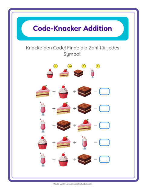 Vorschau: Code-Addition-Arbeitsblatt mit Desserts und Süßigkeiten für Kindergarten