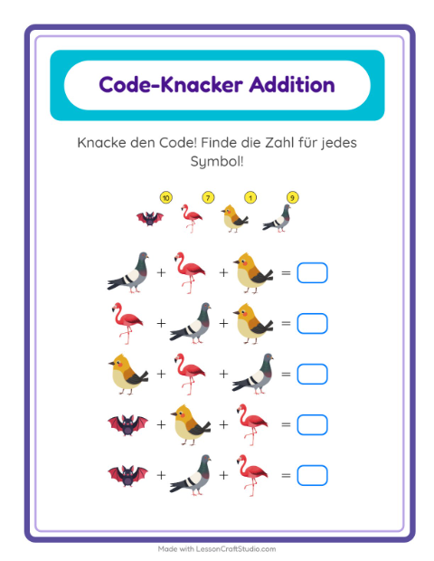 Vorschau: Code-Addition-Arbeitsblatt mit Dinge die fliegen für Kindergarten