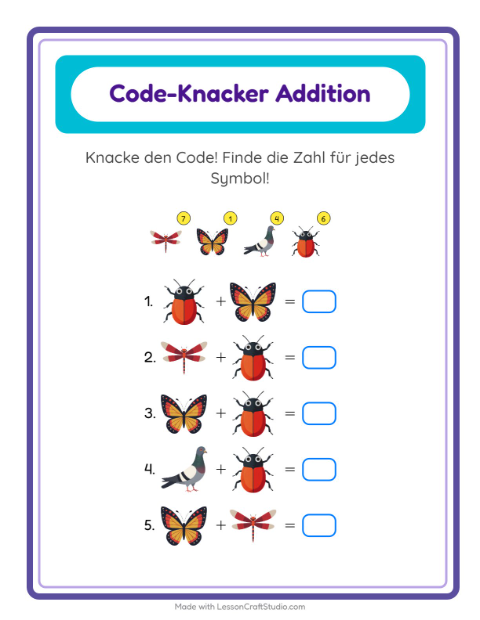 Vorschau: Code-Addition-Arbeitsblatt mit Dinge die fliegen für Kindergarten