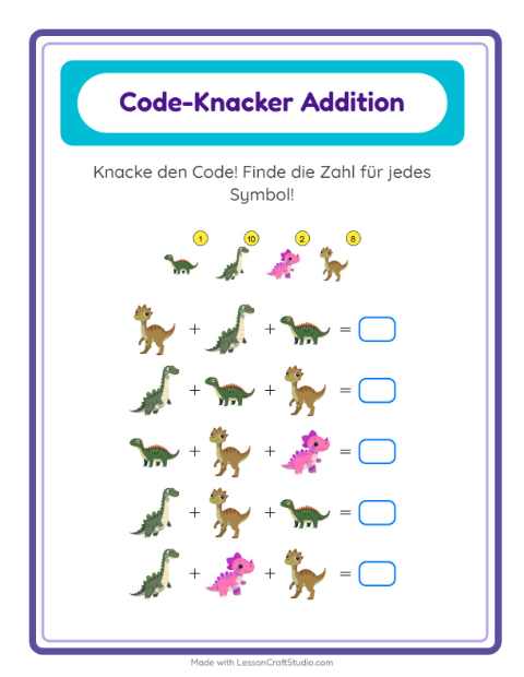 Vorschau: Code-Addition-Arbeitsblatt mit Dinosaurier für Kindergarten