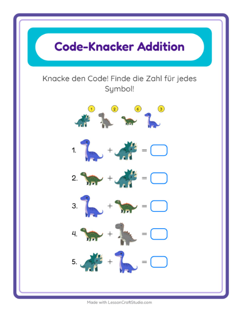 Vorschau: Code-Addition-Arbeitsblatt mit Dinosaurier für Kindergarten