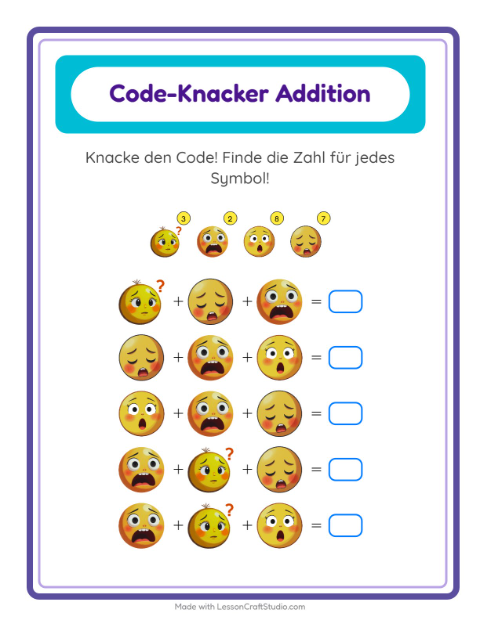 Vorschau: Code-Addition-Arbeitsblatt mit Emotionen für Kindergarten