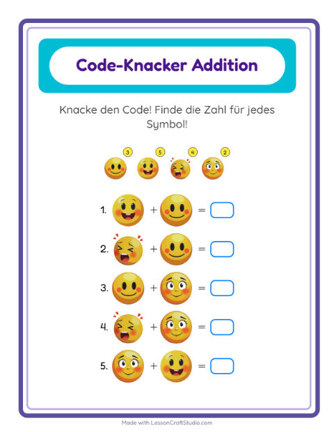 Vorschau: Code-Addition-Arbeitsblatt mit Emotionen für Kindergarten