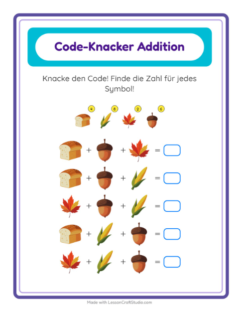 Vorschau: Code-Addition-Arbeitsblatt mit Erntedankfest für Kindergarten