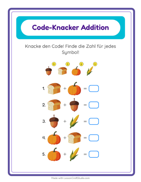 Vorschau: Code-Addition-Arbeitsblatt mit Erntedankfest für Kindergarten