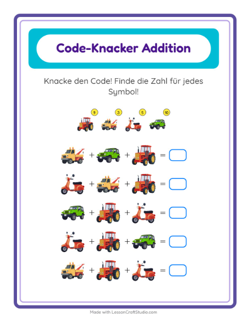 Vorschau: Code-Addition-Arbeitsblatt mit Fahrzeuge für Kindergarten