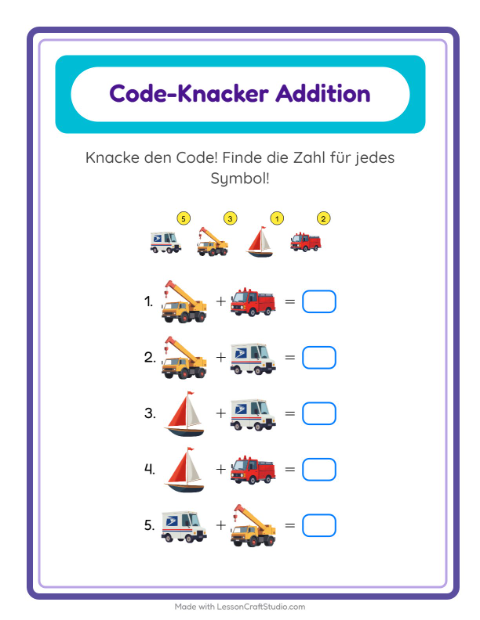 Vorschau: Code-Addition-Arbeitsblatt mit Fahrzeuge für Kindergarten