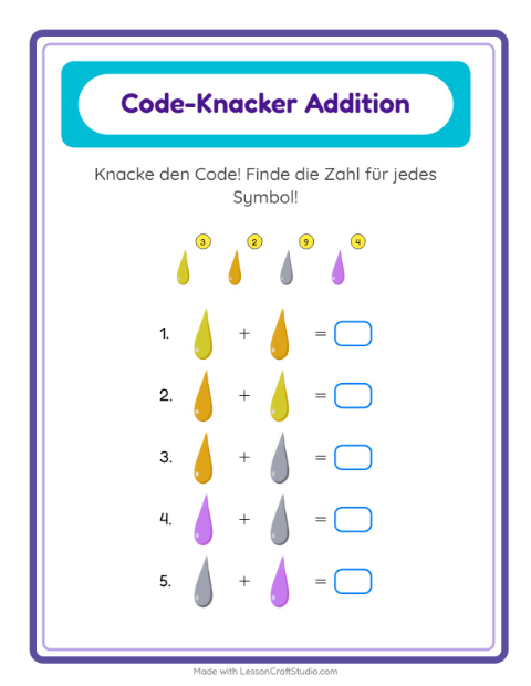 Vorschau: Code-Addition-Arbeitsblatt mit Farben für Kindergarten