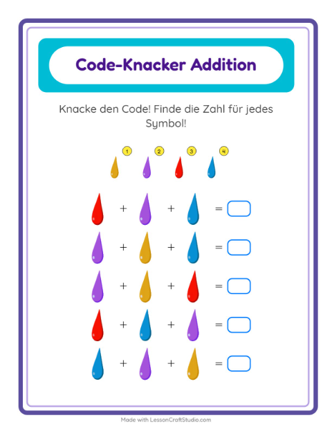 Vorschau: Code-Addition-Arbeitsblatt mit Farben für Kindergarten