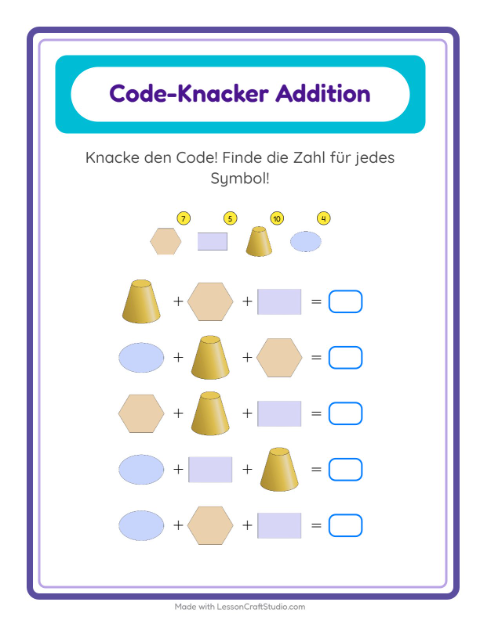 Vorschau: Code-Addition-Arbeitsblatt mit Formen für Kindergarten