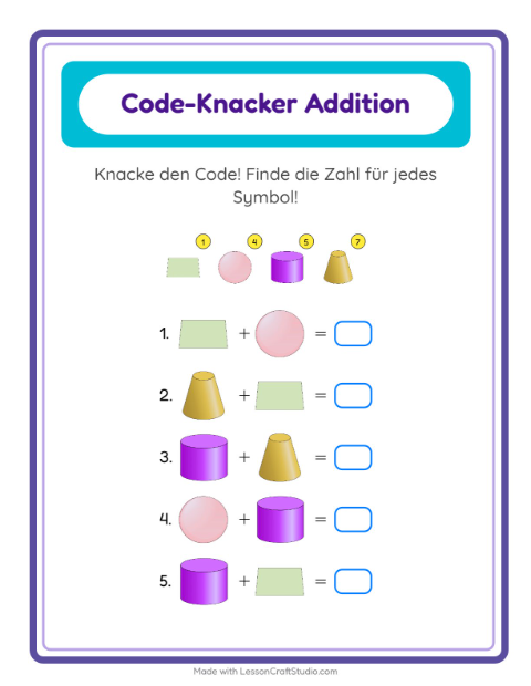 Vorschau: Code-Addition-Arbeitsblatt mit Formen für Kindergarten