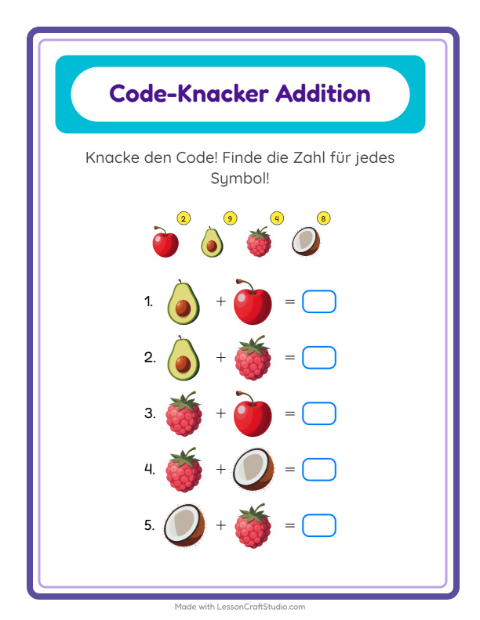 Vorschau: Code-Addition-Arbeitsblatt mit Früchte für Kindergarten