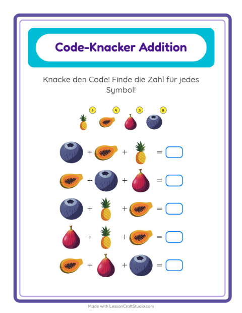 Vorschau: Code-Addition-Arbeitsblatt mit Früchte für Kindergarten