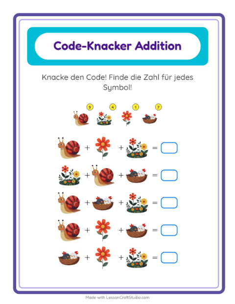 Vorschau: Code-Addition-Arbeitsblatt mit Frühling für Kindergarten