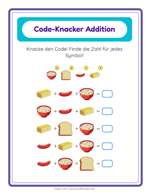 Vorschau: Code-Addition-Arbeitsblatt mit Frühstück für Kindergarten