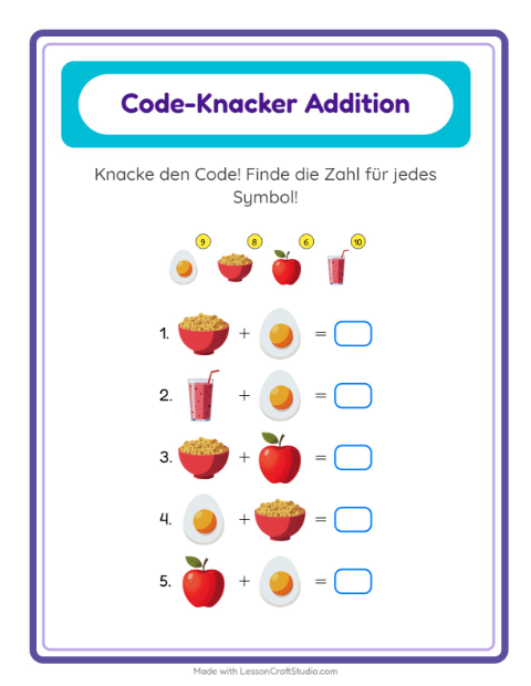 Vorschau: Code-Addition-Arbeitsblatt mit Frühstück für Kindergarten