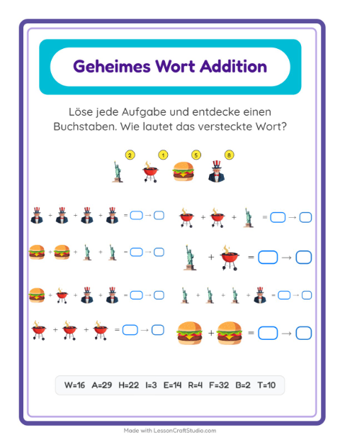 Vorschau: Code-Addition-Arbeitsblatt mit 4. Juli für Kindergarten