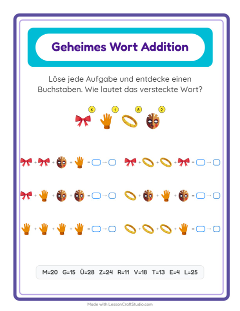 Vorschau: Code-Addition-Arbeitsblatt mit Accessoires für Kindergarten