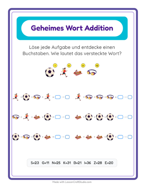 Vorschau: Code-Addition-Arbeitsblatt mit Aktivitäten für Kindergarten