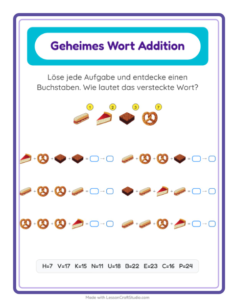 Vorschau: Code-Addition-Arbeitsblatt mit Bäckerei für Kindergarten