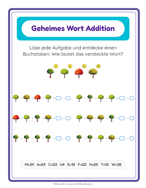 Vorschau: Code-Addition-Arbeitsblatt mit Bäume für Kindergarten