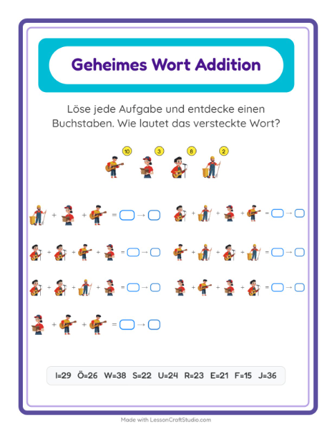 Vorschau: Code-Addition-Arbeitsblatt mit Berufe für Kindergarten