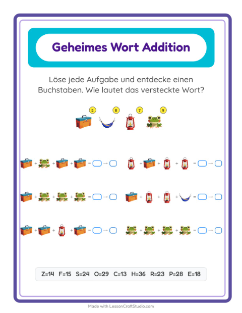 Vorschau: Code-Addition-Arbeitsblatt mit Camping für Kindergarten
