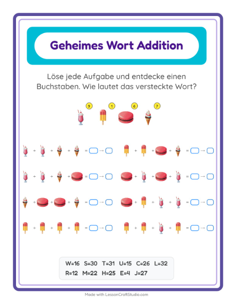 Vorschau: Code-Addition-Arbeitsblatt mit Desserts und Süßigkeiten für Kindergarten