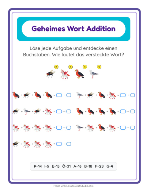 Vorschau: Code-Addition-Arbeitsblatt mit Dinge die fliegen für Kindergarten