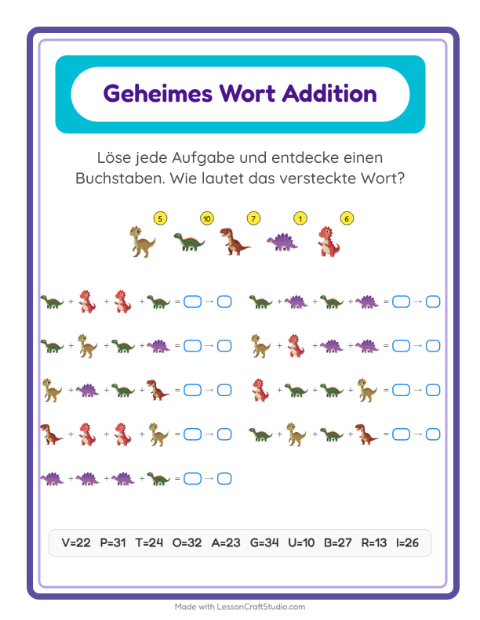 Vorschau: Code-Addition-Arbeitsblatt mit Dinosaurier für Kindergarten