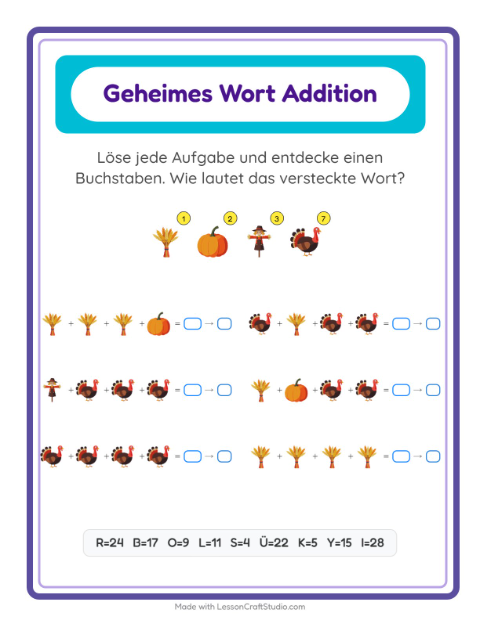 Vorschau: Code-Addition-Arbeitsblatt mit Erntedankfest für Kindergarten