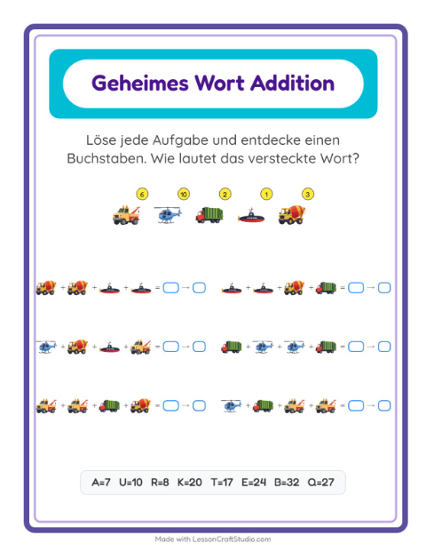 Vorschau: Code-Addition-Arbeitsblatt mit Fahrzeuge für Kindergarten