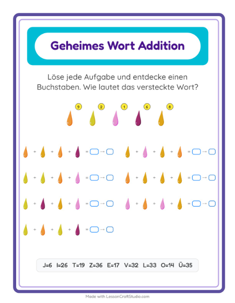 Vorschau: Code-Addition-Arbeitsblatt mit Farben für Kindergarten