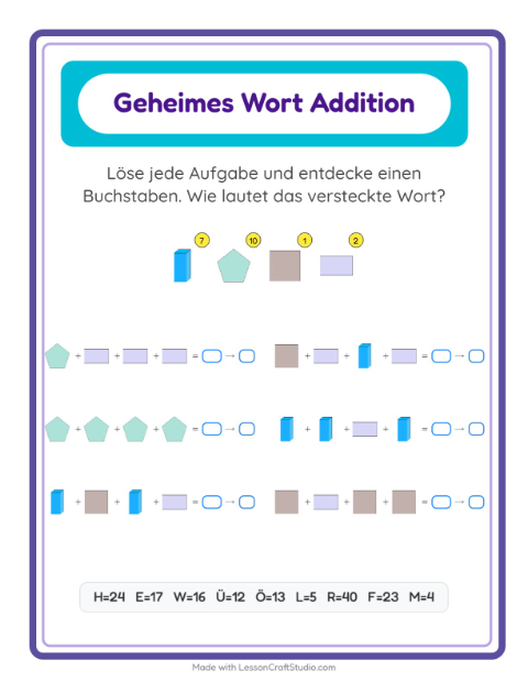 Vorschau: Code-Addition-Arbeitsblatt mit Formen für Kindergarten