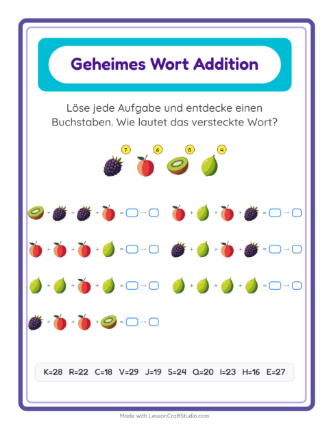 Vorschau: Code-Addition-Arbeitsblatt mit Früchte für Kindergarten